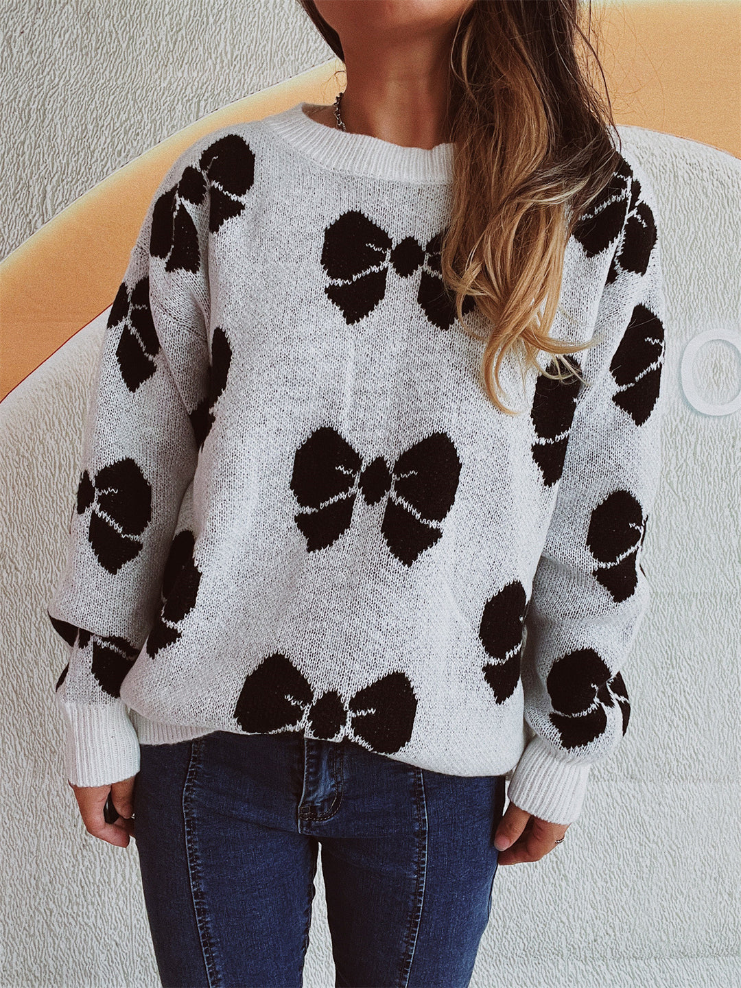 Damen lässiger Pullover mit verspieltem Schleifenmuster R&B