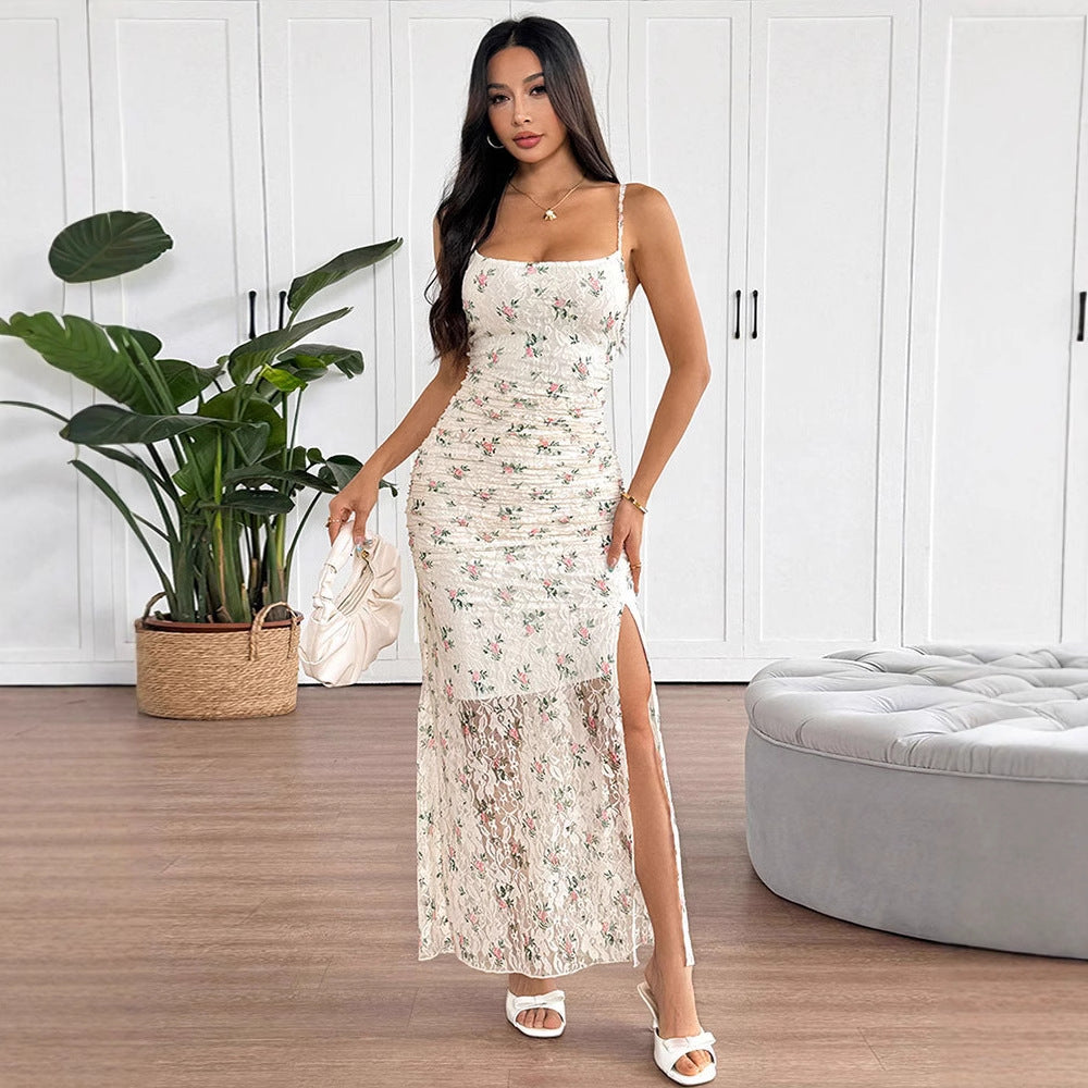 Damen Maxikleid mit raffiniertem Spitzenbesatz und floralem Design R&B