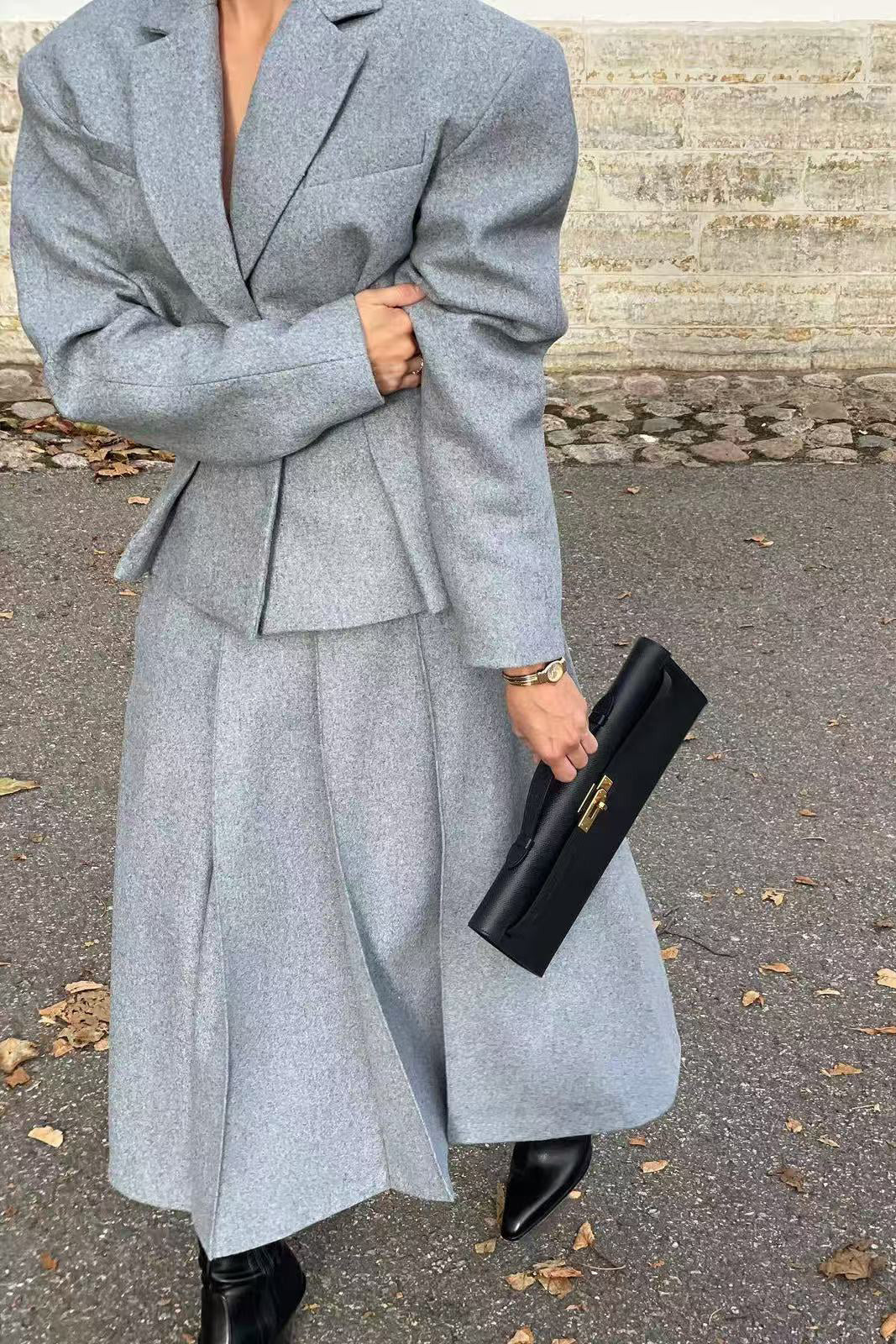 R&B | Einreihiger Schlanker Wollanzugjacke und Rock Zweiteiliges Satz