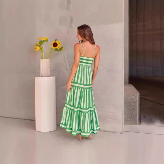 Damen Maxi-Kleid mit Streifenmuster und tiefem Ausschnitt R&B