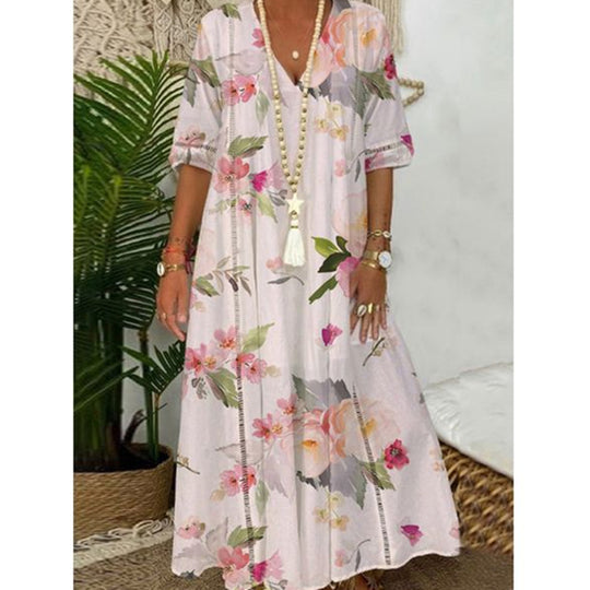 Damen nan locker fließendes Kaftan-Midimaxikleid mit V-Ausschnitt, ajourbesetzten Bahnen und leichter Leinenmisch-Qualität R&B