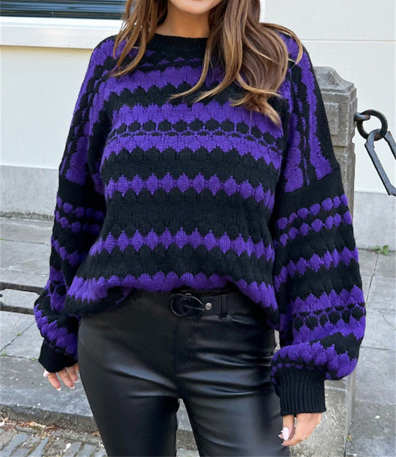 Damen gemütlicher Strickpullover mit modernem Zopfmuster und grafischen Akzenten R&B