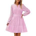 Damen luftiges Blusenkleid mit dekorativem Lochmuster und kräftigen Ärmel R&B