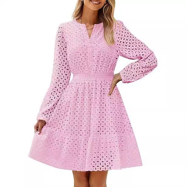 Damen luftiges Blusenkleid mit dekorativem Lochmuster und kräftigen Ärmel R&B