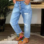 Damen Boyfriend Jeans mit Knopfleiste und distressed Effekten R&B