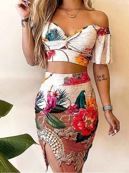 Damen Zweiteiliges Sommer-Outfit mit floralem Design und Raffung R&B