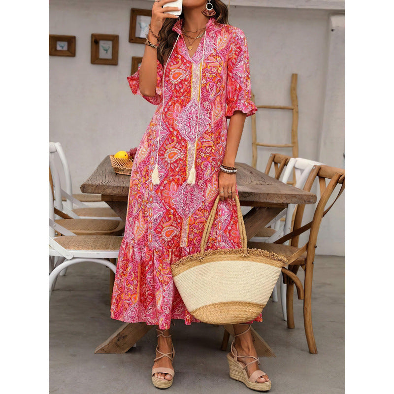 Damen Bohemian Maxikleid mit verspieltem Paisleymuster und Rüschen R&B