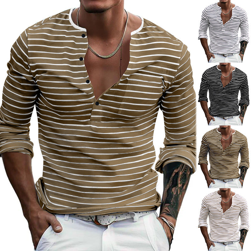 Herren Langarmshirt mit gestreiftem Design und Knopfleiste R&B
