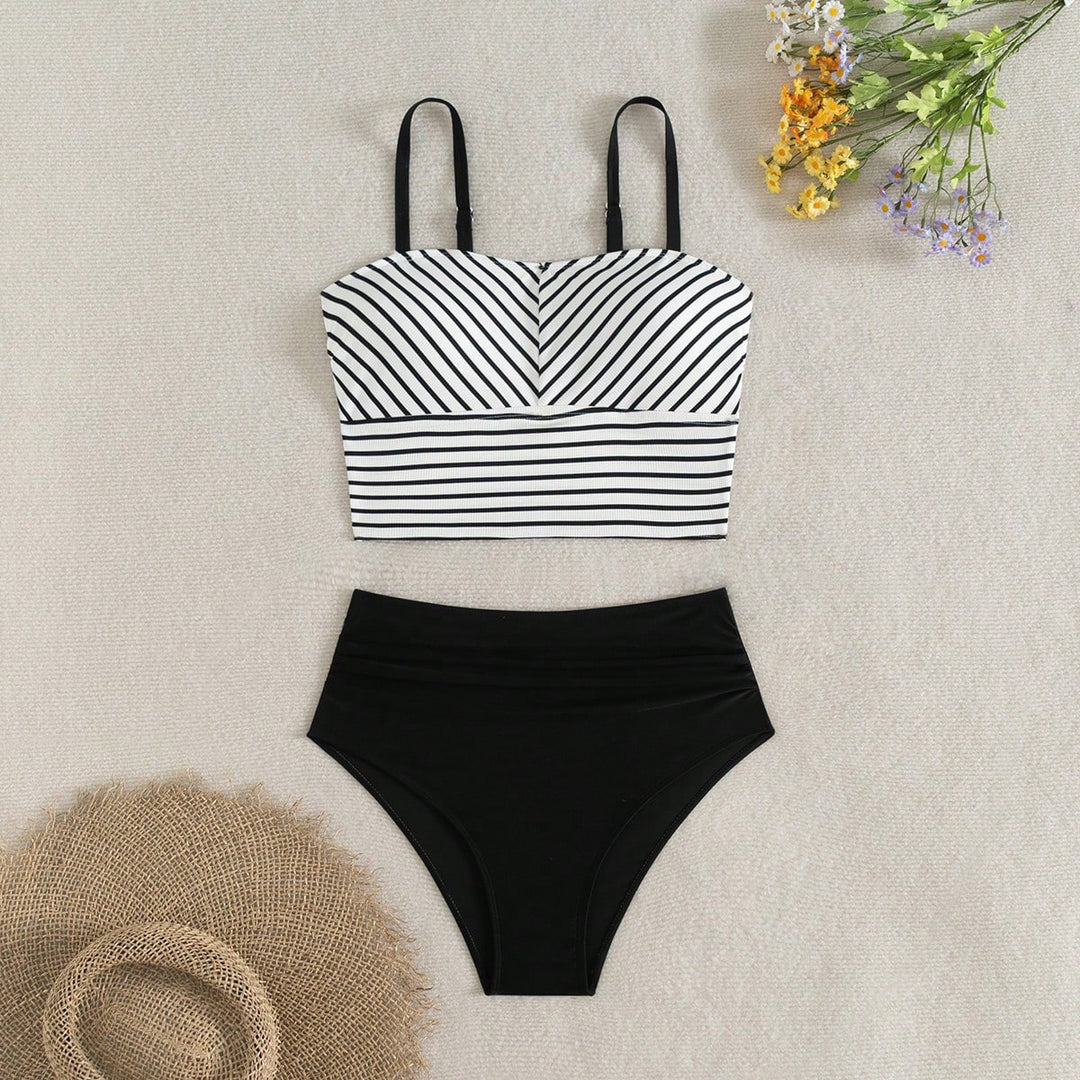 Damen Hochgeschnittener Bikini mit gestreiften Crop-Oberteil R&B