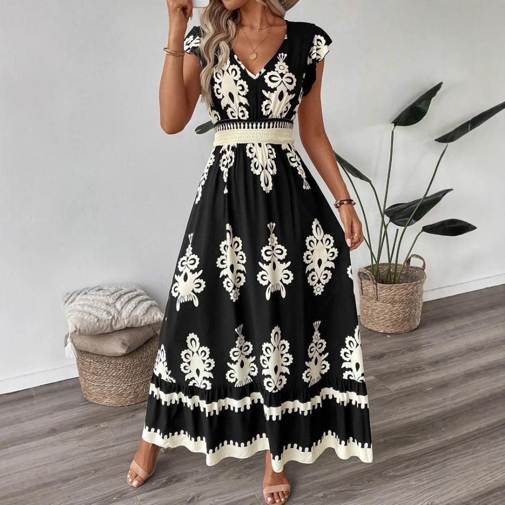 Damen Maxikleid mit floralem Muster und V-Ausschnitt R&B