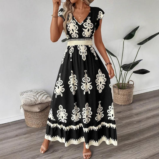 Damen Maxikleid mit floralem Muster und V-Ausschnitt R&B