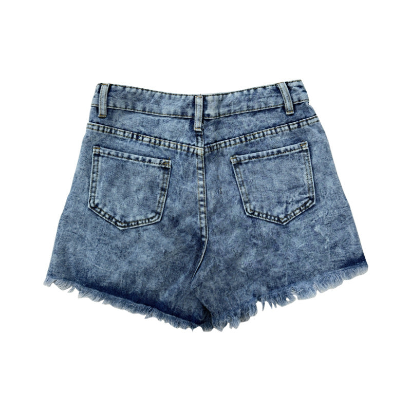 Damen Destroyed Denim-Shorts mit fransigen Taschen und modischen Aufnähern R&B