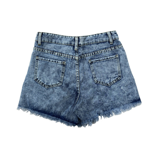 Damen Destroyed Denim-Shorts mit fransigen Taschen und modischen Aufnähern R&B