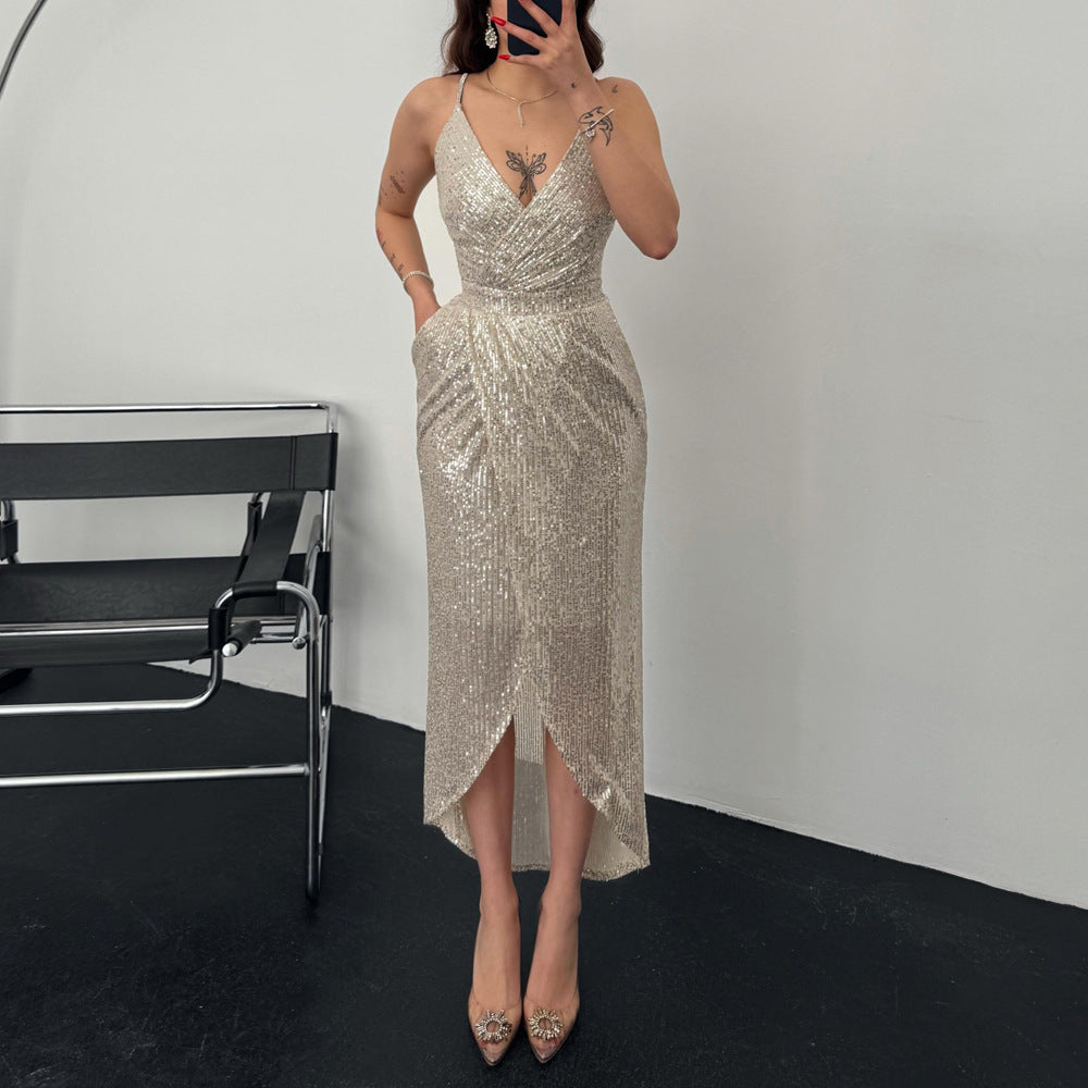 Damen Elegant Funktionskleid mit schimmerndem Paillettenstoff und tiefem V-Ausschnitt R&B