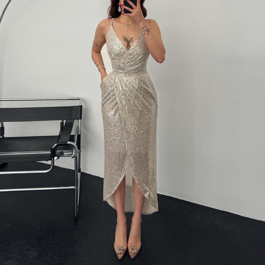 Damen Elegant Funktionskleid mit schimmerndem Paillettenstoff und tiefem V-Ausschnitt R&B