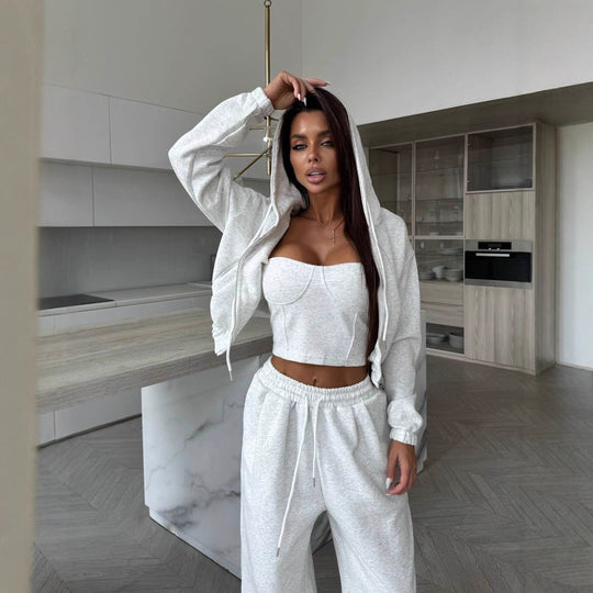 Damen Lässiges Hoodie-Set mit figurbetontem Top und weiter Jogginghose R&B