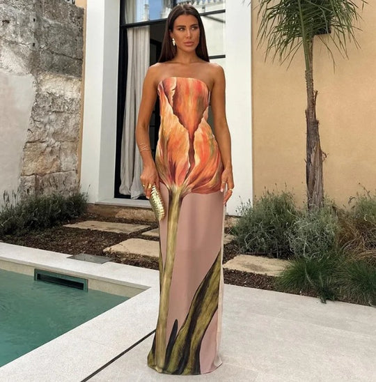 Damen Maxikleid mit lässigem schulterfreiem Design und floralem Print R&B