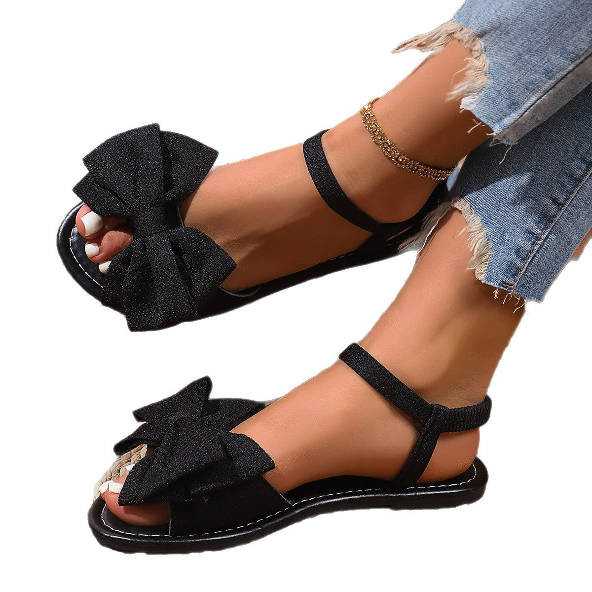 Damen flache Sandalen mit großem Schleifen-Detail und rutschfester Sohle R&B