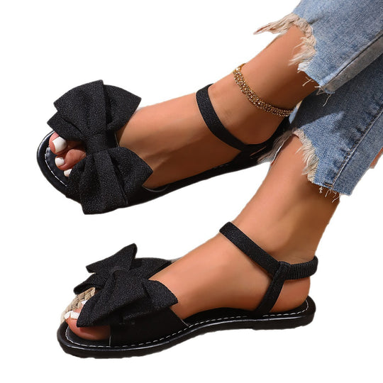 Damen flache Sandalen mit großem Schleifen-Detail und rutschfester Sohle R&B