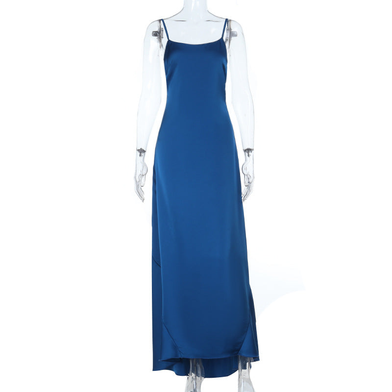 Damen elegantes Satin-Maxikleid mit feinen Spaghettiträgern R&B