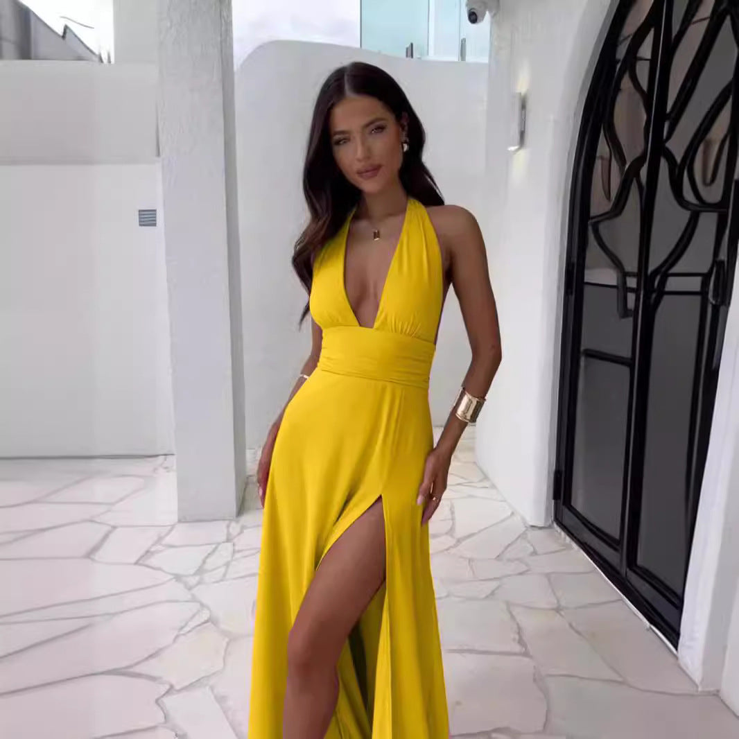 Damen elegantes Maxikleid mit tiefem V-Ausschnitt und seitlichem Schlitz R&B