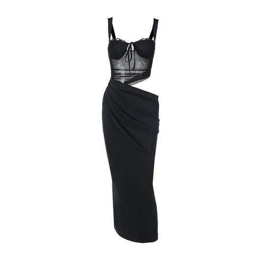 Damen elegantes Maxikleid mit transparentem Oberteil und raffinierten Drapierungen R&B
