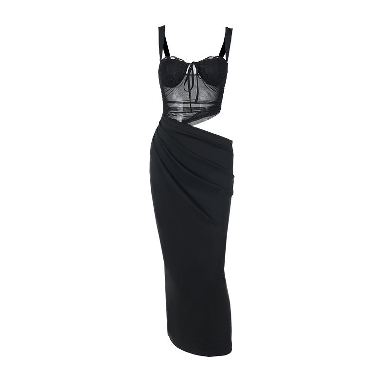 Damen elegantes Maxikleid mit transparentem Oberteil und raffinierten Drapierungen R&B