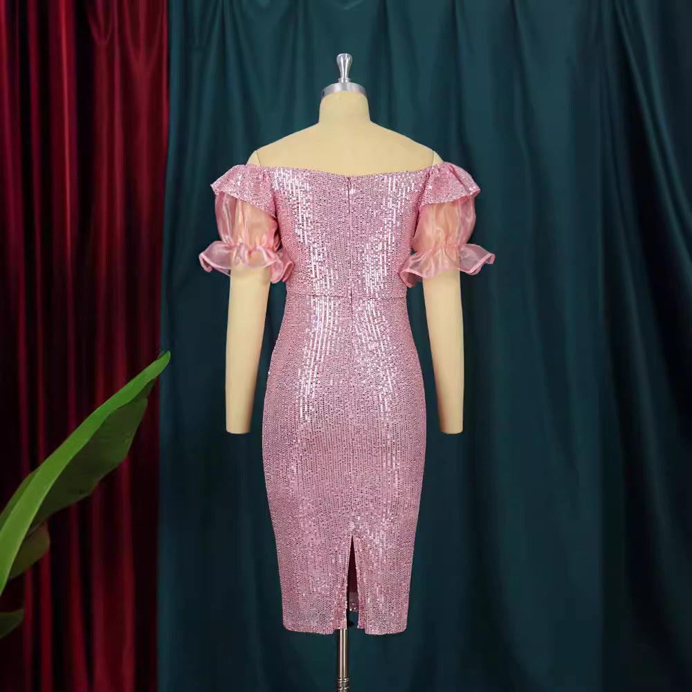 Damen Glitzerndes Cocktailkleid mit schulterfreiem Design und voluminösen Puffärmeln R&B