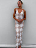 Damen-Maxikleid mit feinem Mesh-Strick und diamantförmigem Muster R&B