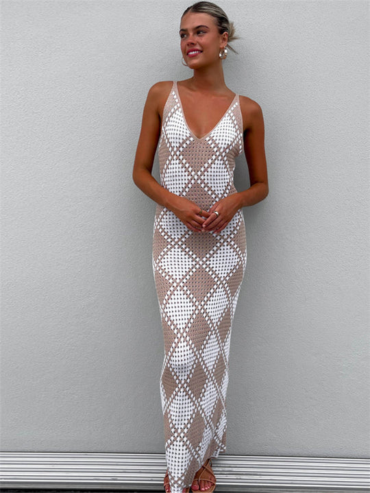 Damen-Maxikleid mit feinem Mesh-Strick und diamantförmigem Muster R&B