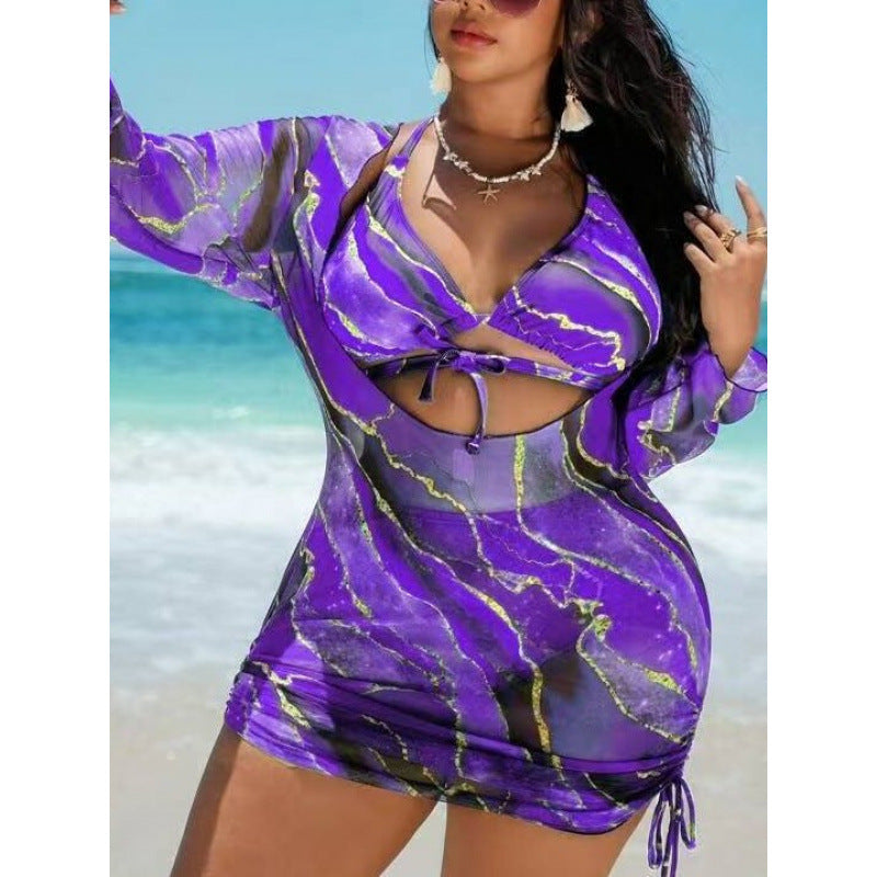 Damen Strandkleid mit transparenten Einsätzen und modischem Wickel-Design R&B