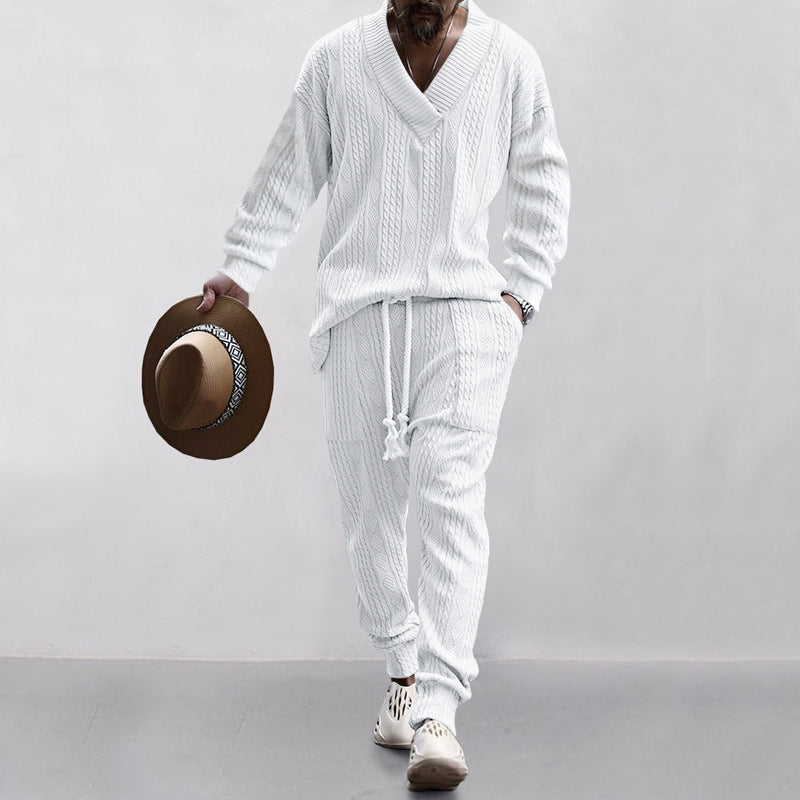 Herren lässiges Strick-Outfit mit V-Ausschnitt und elastischen Bündchen