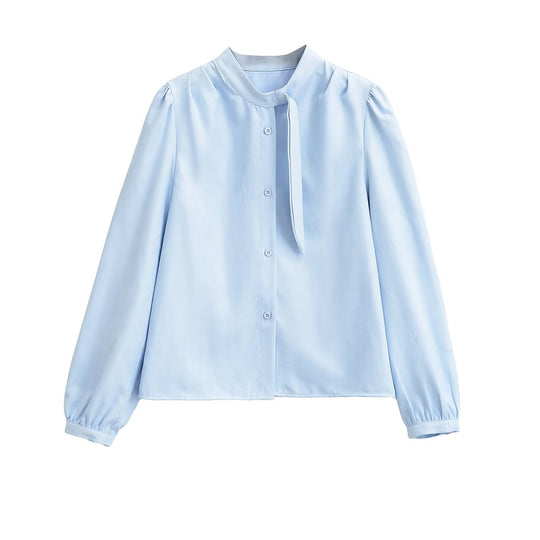 Damen Bluse mit Bindegurt und eleganten Puffärmeln R&B