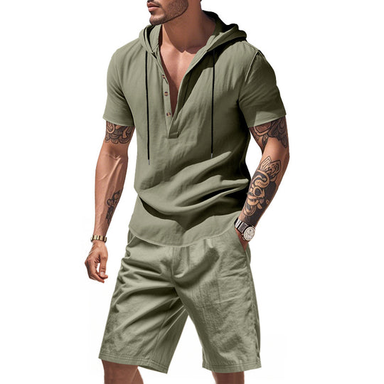 Herren lässiges Kurzarmhemd mit Kapuze und Shorts R&B