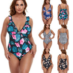 Damen Einteiler Badeanzug mit floralem Design und tiefem V-Ausschnitt R&B