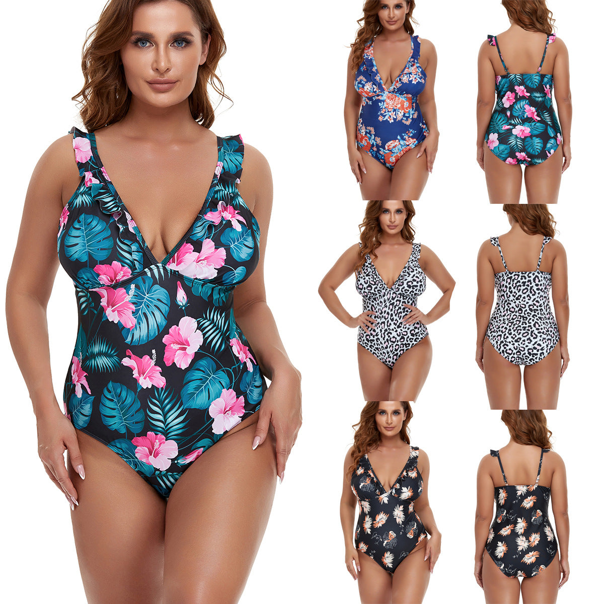 Damen Einteiler Badeanzug mit floralem Design und tiefem V-Ausschnitt R&B