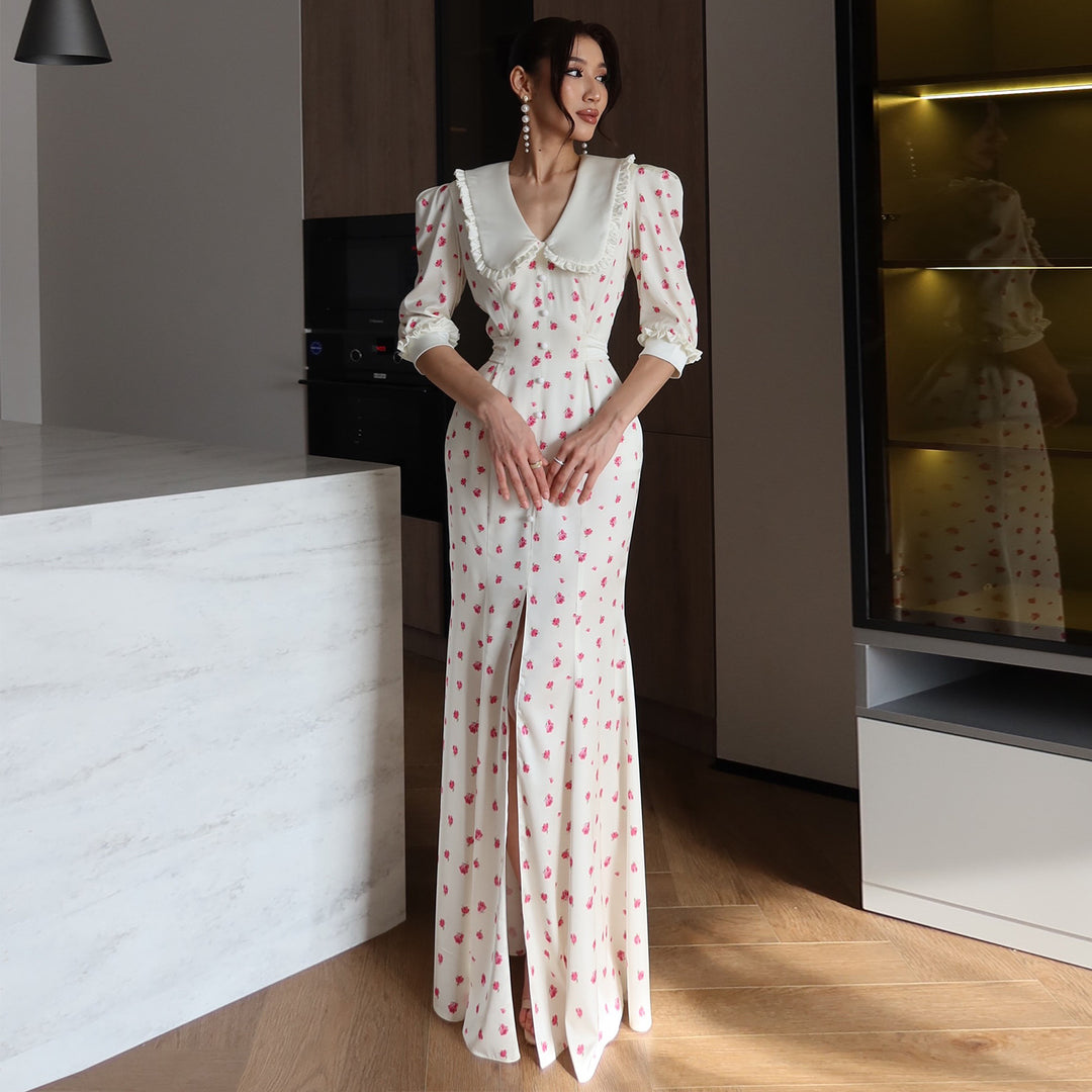 Damen Maxikleid mit eleganter Kragenkante und floralen Akzenten R&B