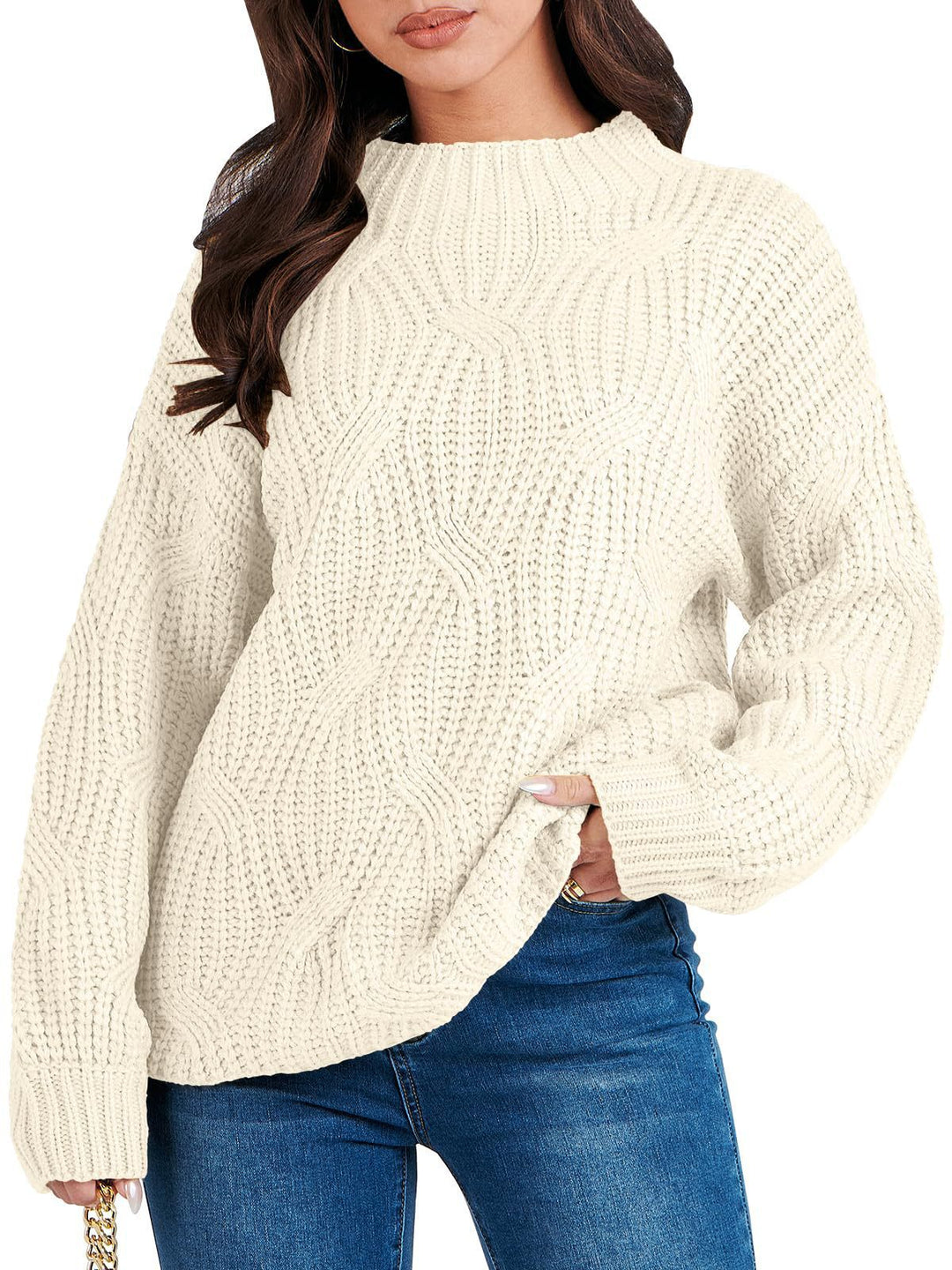 Damen Grobstrickpullover mit extravagantem Wellenmuster und hohem Kragen R&B