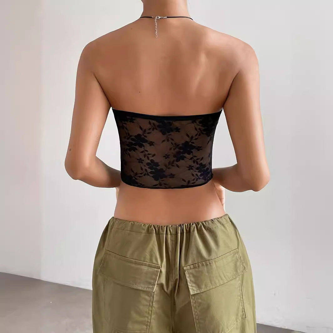 Damen transparente Crop-Top mit floralen Details R&B