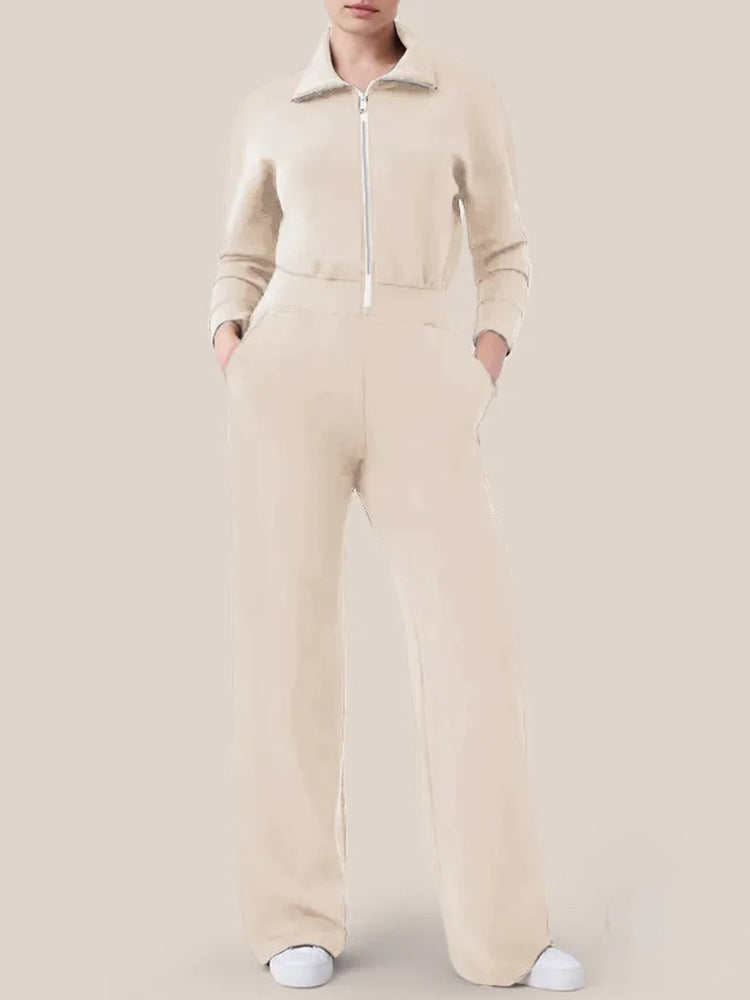 Damen Luxuriöser Lounge-Jumpsuit mit elegantem Stehkragen und praktischem Reißverschluss R&B