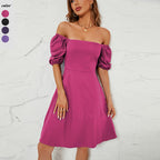Damen Off-Shoulder Kleid mit Puffärmeln und schwingendem Rock R&B