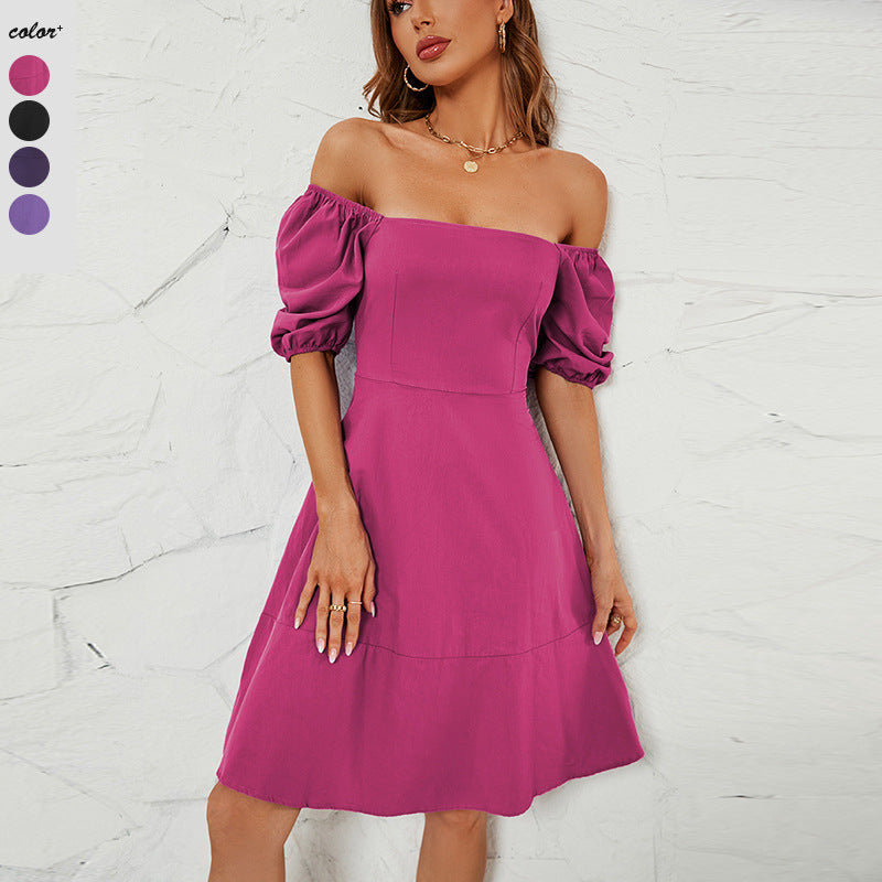 Damen Off-Shoulder Kleid mit Puffärmeln und schwingendem Rock R&B