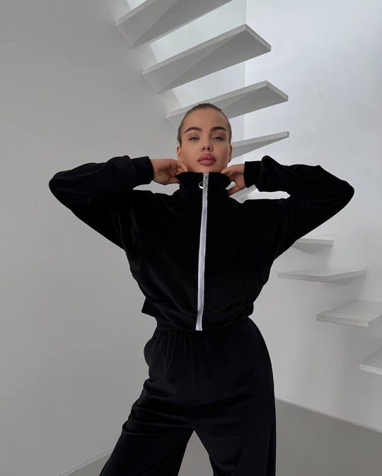 Damen sportlicher Fleece-Jogginganzug mit gestochenem Reißverschluss und weichem Innenfutter R&B