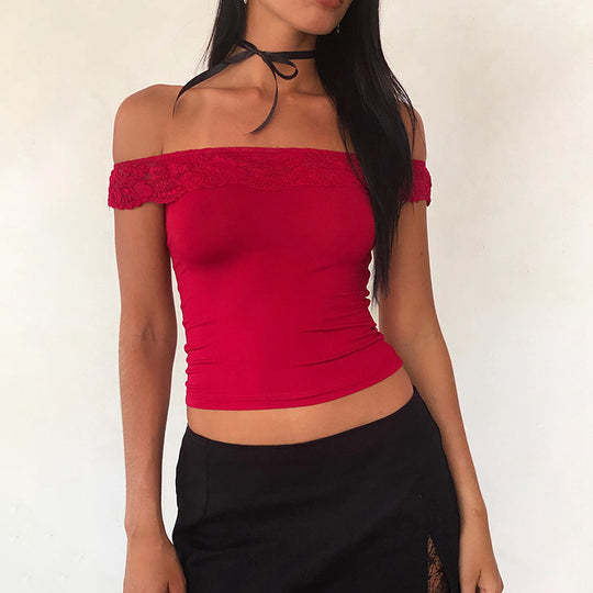 Damen Off-Shoulder Top mit Spitzenakzenten R&B