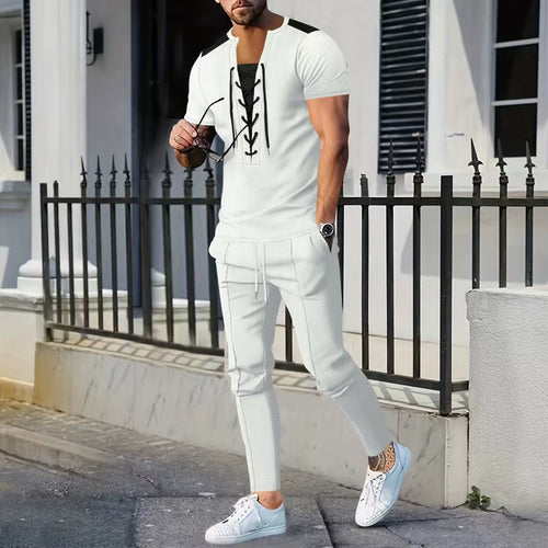 Herren modisches Kurzarm-Henley-T-Shirt mit strukturiertem Design und dekorativer Schnürung R&B