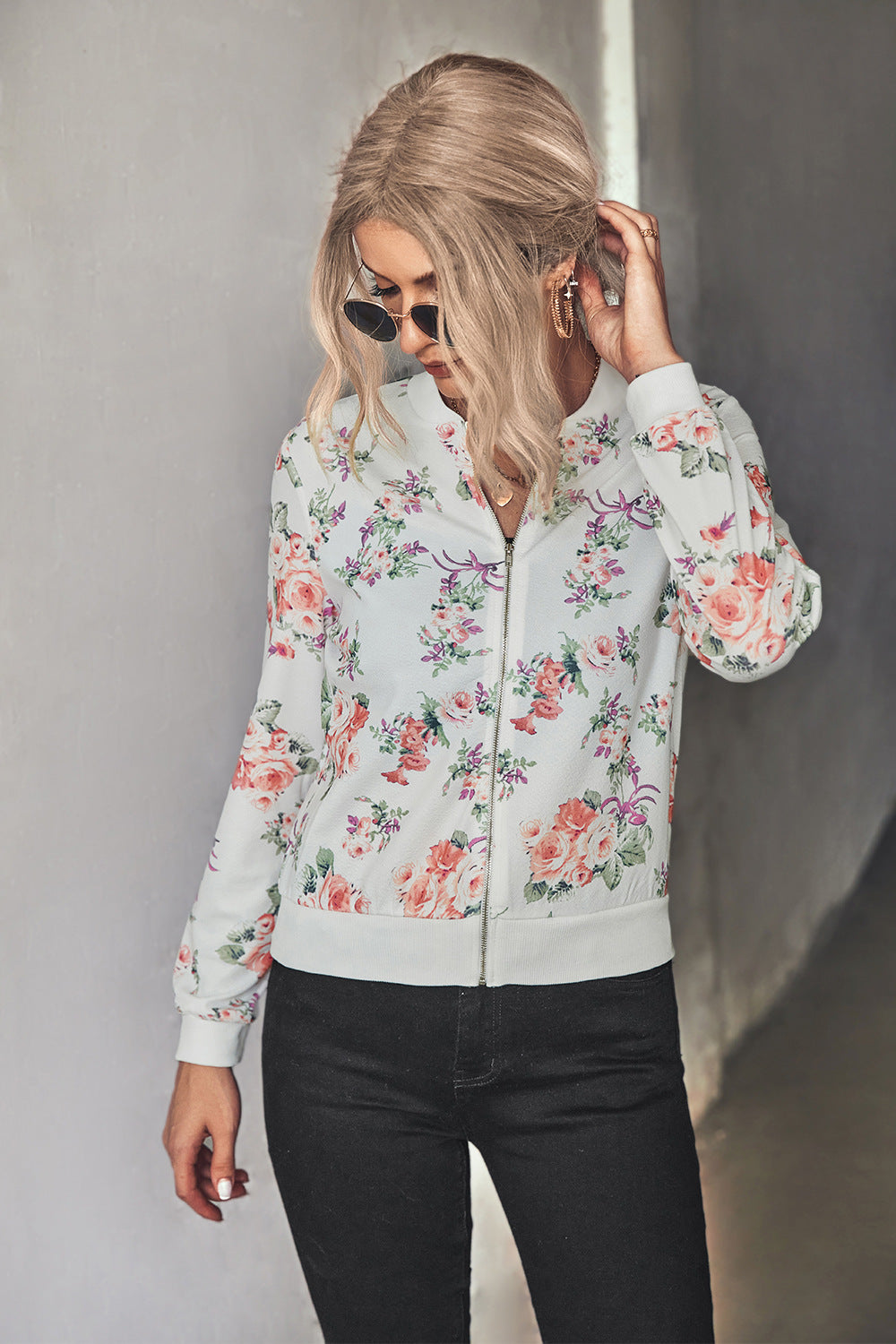 Damen Blütenmuster Freizeitjacke mit Reißverschluss und elastischen Bündchen R&B