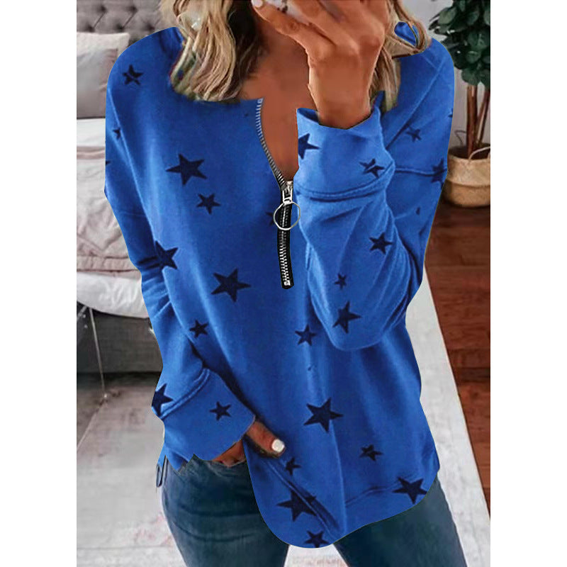 Damen Lässiger Sweatshirt mit Reißverschluss und Sternenmotiv R&B