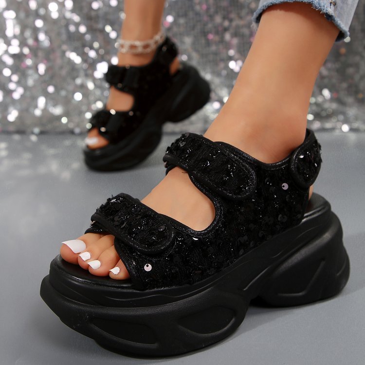 Damen Sneakersandalen mit komfortablem Klettverschluss und glitzernder Oberflächenstruktur R&B