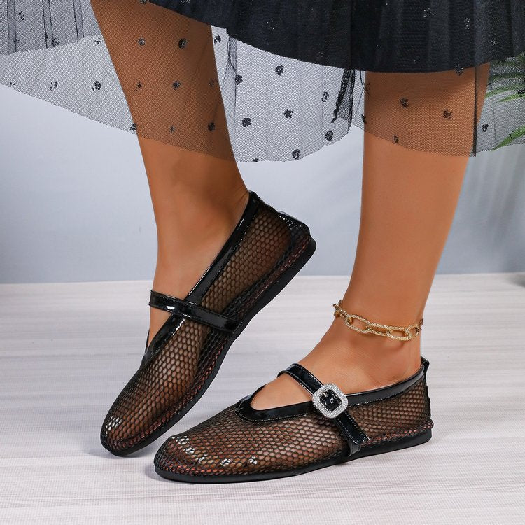 Damen atmungsaktive Ballerinas mit modischem Lochmuster und komfortablem Riemen R&B