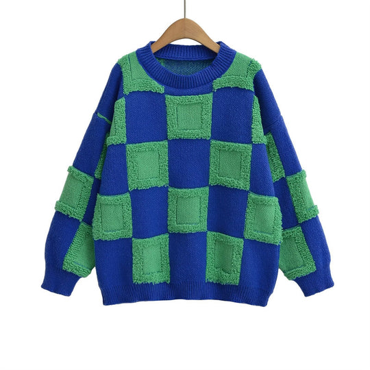 Damen modischer Strickpullover mit grafischem Blockmuster R&B